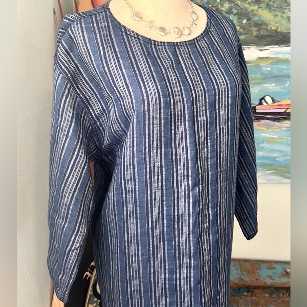 Tory Burch, Navy White Striped Cotton Kaftan Dress Resort Tunic Boho EUC Size L - Picture 6 of 11